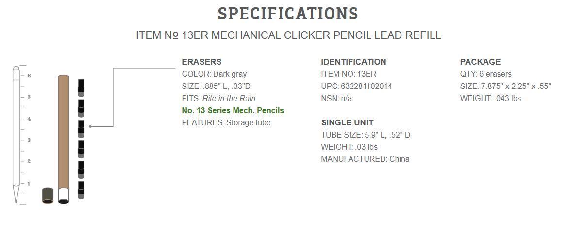 Rite in the Rain No.13 Mechanical Pencil Eraser Refills - 6 pack