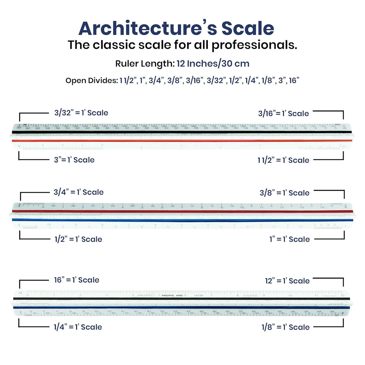 Pacific Arc Architect Triangle Scale Ruler 12 Inch - T-5120