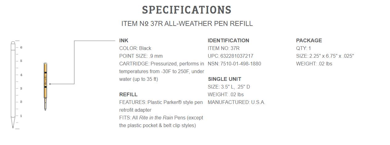 Rite in the Rain All-Weather Pen Refill N° 37R